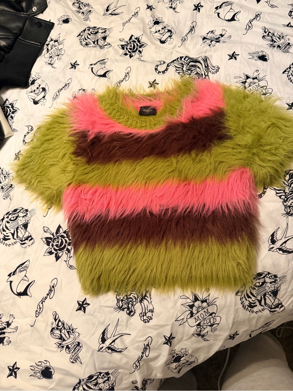 edge Fuzzy Striped Sweater in Green, Pink & Brown